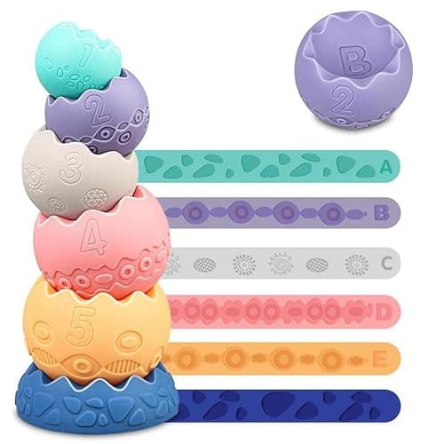 Baby Sensory Balls Teething Toys 6 9 12 18 Months Soft Building Blocks Toddlers Montessori Fine Motor Skills Stacking Ring Infant Boys Girls Easter Basket Stuffers Gifts One 1 2 3 Year Old thumbnail 3