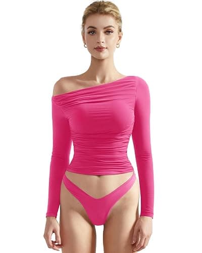 SUUKSESS Women Off Shoulder Long Sleeve Shirts Double Lined Fitted Crop Tops - Image 1