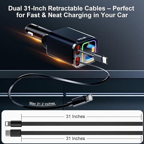 4 in 1 Retractable Car Charger,69W Fast Charging USB C for iPhone 16/15/14/13/12,iPad,Android,Galaxy,Pixel,Cigarette Lighter Adapter (Black, Light-ning+USB-C) thumbnail 5