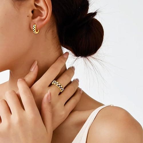 Checkered Jewelry Set for Women - 18K Gold Plated Stainless Steel Checkerboard Ring & Black and White Checkered Hypoallergenic Chunky Huggie Hoop Earring, Gift-Ready Packaging for Mother's Day Valentine's Day thumbnail 2
