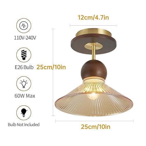 Brown Glass Wood Brass Semi Flush Mount Ceiling Light Vintage Hallway Light Fixture, Mid Century Modern Farmhouse Ceiling Mount Lamp Light Fixture for Bedroom Kitchen Entryway Laundry Room Porch Foyer thumbnail 6