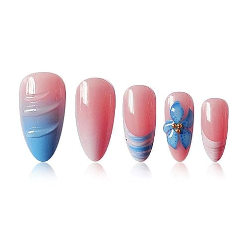 QQPPOLIU Blue Press on Nails Medium Almond Stick on Nails Pink with 3d French Tips Design for Women and Girls 24pcs thumbnail 3