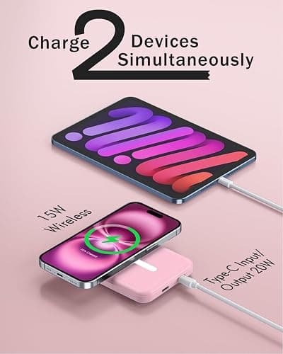 podoru for Magsafe Battery Pack, 5000mAh Magnetic Power Bank with Type-C Cable 20W PD Fast Charging Lighting Input Wireless Portable Charger for iPhone 17/16/15/14/13/12/ All Series-Pink thumbnail 5