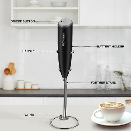 Milk Frother Handheld for Coffee with Stand - POWSAF Hand frother Wand, Electric Whisk Drink Mixer Mini Foamer for Cappuccino, Frappe, Matcha, Hot Chocolate, Silver/Black thumbnail 5