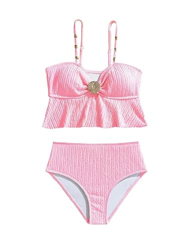 OYOANGLE Girl's Two Piece Metallic Shell Bikini Sets Cut Out Ruffle Top High Waist Hipster Swimsuit - Image 1