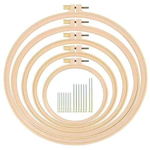 Syyflibb 5 Pcs Embroidery Hoop Set, Round Plastic Cross Stitch Hoops with 16 Needles (3.6In to 9.5In), Small Embroidery Hoops for Craft Sewing, Broderie, Cross Stitch Supplies, Ideal for Beginners and DIY Enthusiasts (Bamboo color) - Image 1
