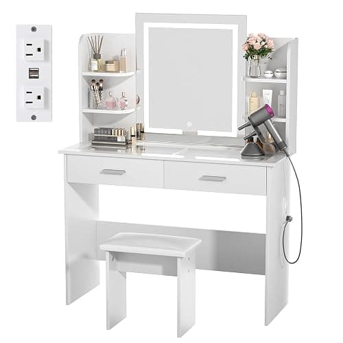 SMOOL Vanity with Lighted Mirror, Makeup Vanity Desk with Glass Top & Power Outlet, 3 Color Light Options, Vanity Table with 6 Storage Shelves, 2 Large Drawers and Cushioned Stool for Bedroom, White - White - Glass thumbnail 8