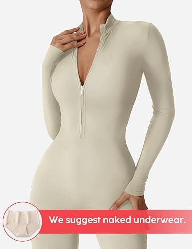YEOREO Women Workout Jumpsuit Zip Up Long Sleeve Romper Bottom Pants Bodysuit Bodycon Sexy One Piece thumbnail 4