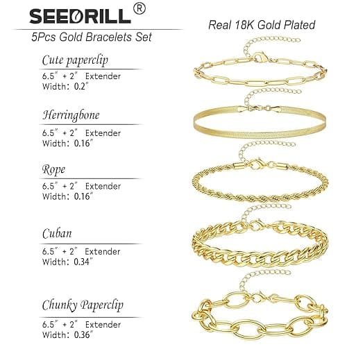 SEEDRILL Bracelets for Women Trendy Waterproof 316 Stainless Steel 18K Real Gold Plated Jewelry Sets Chunky Stackable Cuban Link Paperclip Herringbone Rope Chain Bracelet Pack Gifts Silvery/Gold-Tone thumbnail 5