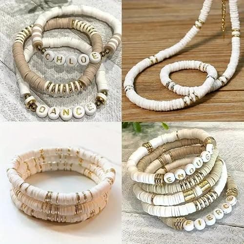 24-Grid DIY Clay Beads Bracelet Kit - 4 Soft Beige Colors Polymer Clay Beads + Golden Spacer Beads & Alphabet Beads + 5m Elastic String for Jewelry Making, Friendship Bracelets & Gift Crafts thumbnail 2