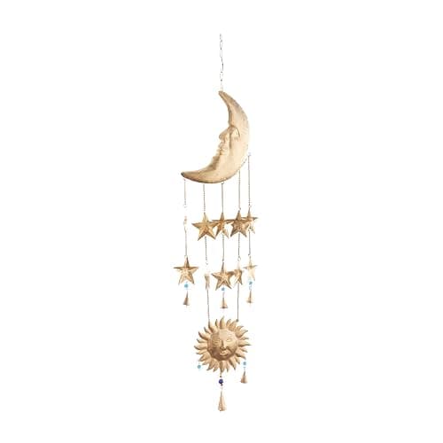 Deco 79 Metal Sun and Moon Windchime with Glass Beads and Cone Bells, 9" x 1" x 39", Gold - Image 1