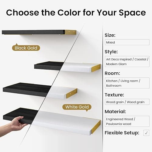 BAYKA Wall Shelves for Bedroom Decor, Floating Wall Shelf for Living Room Kitchen Storage, Mounted Rustic Wood Shelves for Kids Books, Christmas Decorations for Room(White and Gold，Set of 4) thumbnail 6
