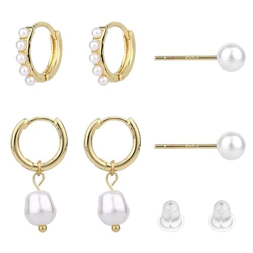 3 Pairs Gold Earrings Set, Dainty Pearl Dangle Drop & Hoop & Stud Earrings Stackable Stylish Pearl Dangling Drop Jewelry for Women Trendy Fashion Jewelry Gifts - Image 1