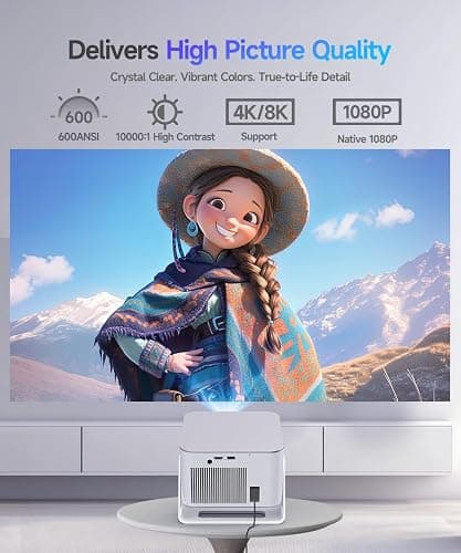Alwtniet Vidéoprojecteur 4K 8K supporte [Native 1080P&App intégrée] Mini Projecteur Portable WiFi 6 Bluetooth 5.4 Android 14 Autofocus/Obstacle Avoidance/6D Keystone Ultra Courte Focale Rotation 180° thumbnail 3