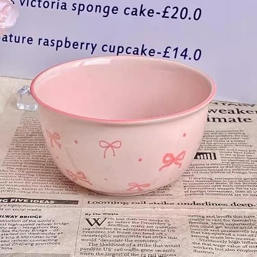 2 Piece Pink Bow Ceramic Bowl Set Underglaze High Color Ceramic Tableware Cute Soup Bowl College Style Dessert Pudding Fruit Salad Decoration Kitchen Decoration Pink White Bowl Couple Bowl Set Dormito thumbnail 8