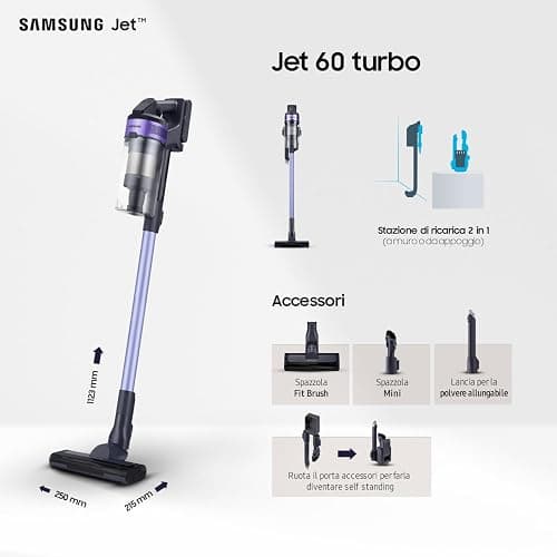 Samsung Aspirapolvere Senza Fili Jet 60 Turbo VS15A6031R4/ET, Senza Sacco, Potenza 150W, Fino a 40 min di Autonomia, Violet thumbnail 2