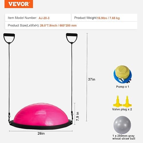 VEVOR Half Exercise Ball Trainer, 23/26 inch Balance Ball Trainer, 1500lbs Capacity Stability Ball, Yoga Ball with Resistance Bands & Foot Pump, Strength Fitness Ball for Home Gym Full Body Workout thumbnail 8