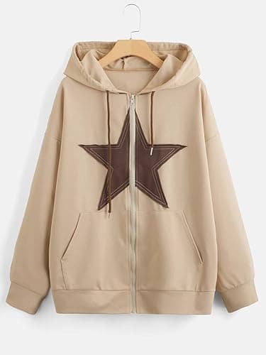 SweatyRocks Women's Star Print Zip Up Oversize Long Sleeve Casual Pocket Drawstring Hoodie - Small - Khaki thumbnail 5