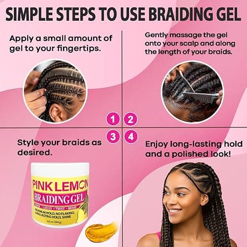 PINK LEMON Braiding Gel (5 oz) - Maximum Hold, No Flaking, Long Lasting Hold, High Shine. For Micro, Inter, Dread, Faux, Loc, Twist, Braid, Edge. thumbnail 5