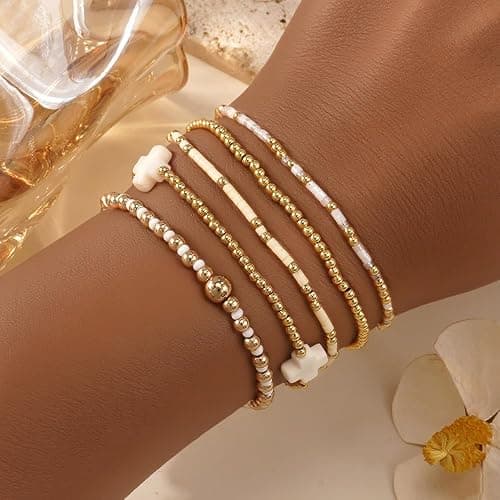 SHINUS BOHO 5Pcs Gold Plated Cross Beaded Bracelets Stack Set for Women,Stretch Stackable Boho Colorful Beads Ball Jewelry Friendship Summer Daily Wear Trendy thumbnail 2