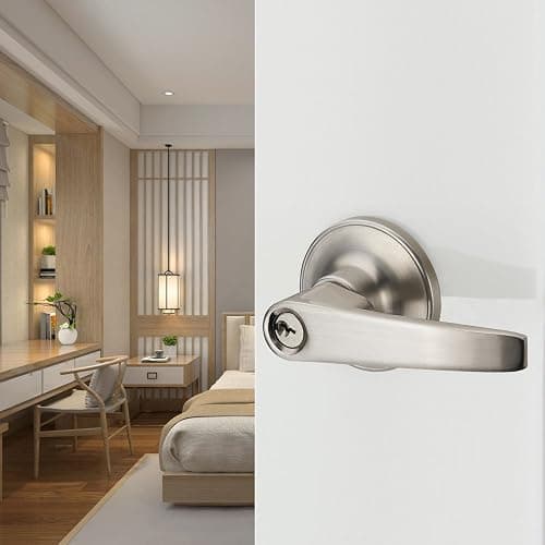 1 Pack of MANREN Lever Keyed Entry Door Lever Handle Lock, Universal Door Knob Hardware,Nickel Brushed Color (MR802-CA) thumbnail 4