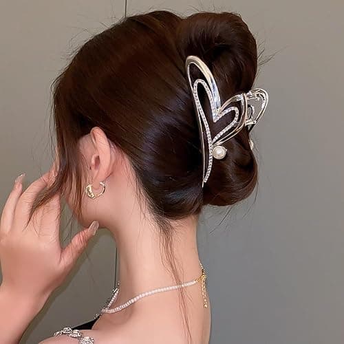 Valentine’s Day Heart Hair Clips for Women, 1Pcs Sliver Heart Rhinestone Pearl Design Hair Claw Clips Large Strong Hold Metal Hair Catch Clip Shiny Nonslip Valentines Party Hair Decoration Accessories thumbnail 7