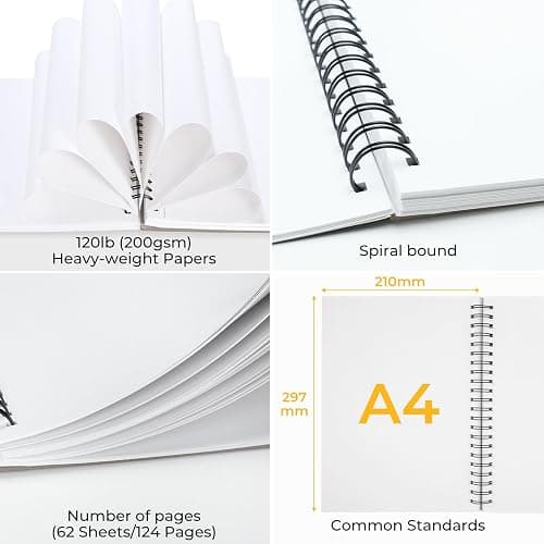 Ohuhu A4 Skizzenbuch Mischtechnik - 200g/m² säurefreies Papier (124 Seiten/62 Blatt), Spiralbindung Zeichenbuch A4 für Aquarell, Acryl & Bleistift, Sketchbook Ideal für Nass- & Trockentechniken thumbnail 4