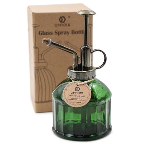 OFFIDIX Glass Plant Mister, 6.3 Inches Tall Vintage Style Spritzer Bronze Plastic Top Pump One Hand Watering Can Indoor Plant Spray Bottle for Garden, Plants, Cleaning (Dark Green) - Image 1