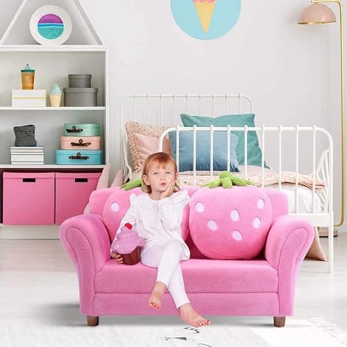 Fireflowery Kids Sofa, Children Upholstered Loveseat Lounge Bed w/ 2 Cute Strawberry Pillows, Children Couch Armrest, Double Seat Kid Sofa for Playroom Bedroom Living Room Baby Room, Pink thumbnail 2