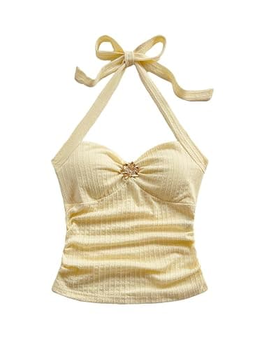 SOLY HUX Women's V Neck Halter Tops Open Back Y2k Ruched Floral Metal Summer Going Out Cami Tops - Image 1