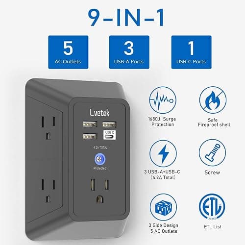 Surge Protector Outlet with 5-Multi Plug Outlet and 4 USB Ports (1 USB C), 3-Sided 1680J Power Strip Wall Charger for Home, Travel, Office - ETL Listed, Black thumbnail 2