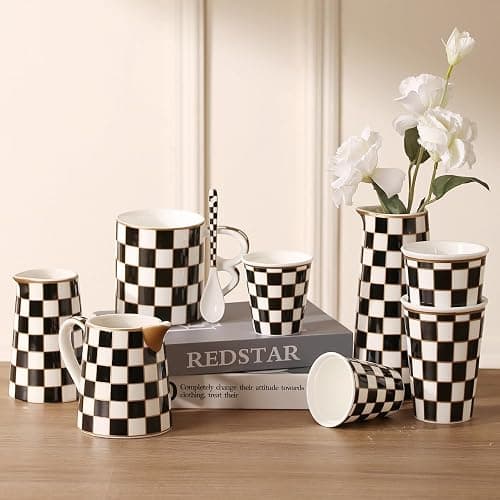 Porlien Checker Porcelain Flower Vase Home Decor Set of 2 with 5.5' High and 8' High Flower Bottle thumbnail 7