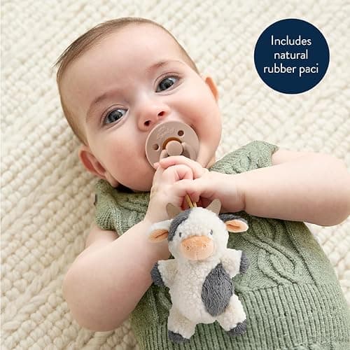 Itzy Ritzy Pacifier & Lovey Set - Natural Rubber Pacifier with Stuffed Animal Lovey - Detachable Plush Cow Binky Holder & Coordinating Natural Rubber Binky, Ideal for Ages 0-6 Months (Cow) thumbnail 4