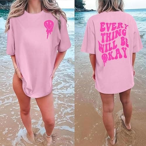 Womens Oversized Tshirt Graphic Tees Crew Neck Summer Short Sleeve Loose Fit Tops - X-Large - A-letter Print Pink thumbnail 2
