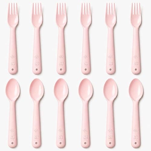 Muulaii 12 Pcs Kids Forks and Spoons, Plastic Kids Utensils Set, Pink | BPA free, Dishwasher Safe, PP Material, Brightly Colored, Easy to Grip, Sized for School Lunch Box, Fits from 2 Years Old - Image 1