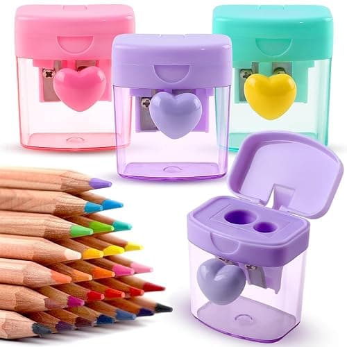 Heart Pencil Sharpeners Bulk Colored Pencil Sharpener Handheld Small Cute Pencil Sharpener Manual Green Purple Pink Pencil Sharpeners with Cover 2 Holes for Students Classroom Office Supplies - Image 1