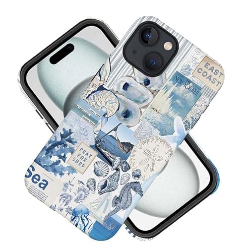 Generic Compatible with for iPhone 15,Vintage Seashell Ocean Blue Collage Phone Case for Girl Women Boy Men,Scratch Resistant Shockproof Cover Case for iPhone 15 - Vintage Seashell Ocean Blue Collage - iPhone 15 thumbnail 2