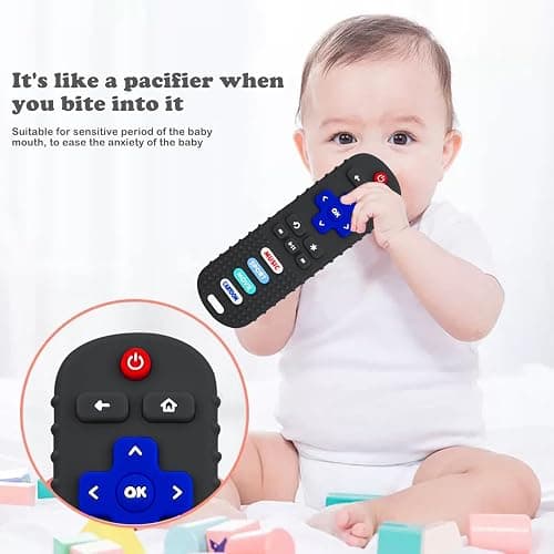 MACLUD 3 Pack Remote Control Shape Silicone Teethers for Babies Chew Toys, Teething Toys for Infant Toddlers,Baby Remote Control Toy, teethers for Babies 6-12 Months (Black&Blue&Pink) thumbnail 7
