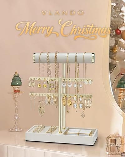 Vlando 2 Tier Necklace Holder Organizer with Tray, Leather Bracelet Holder Display for Women, Gold Jewelry Holder Stand for Bracelet, Necklace, Earrings, Rings - Cloud White thumbnail 3