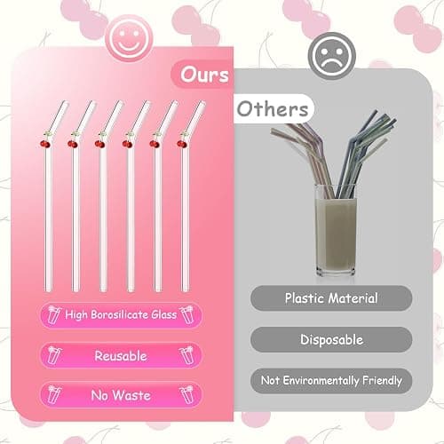 Glass Straws, Reusable 6pcs Bent Drinking Straws With 2 Cleaning Brushes - Clear for Smoothie, Milk, Coffee, Cocktail, Water, Juice thumbnail 6