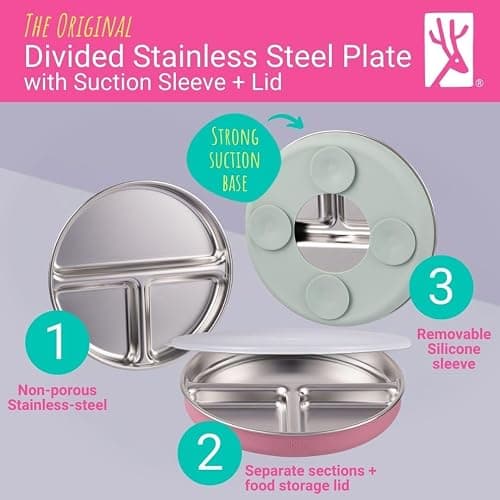 Vihaan - Elk and Friends Stainless Steel Divided Plates with Silicone Sleeve for Babies & Toddlers | Lids Included | Stay Put Suction | Dinner & Snack Plates | 2 Pack thumbnail 4