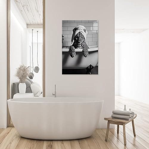 Leopard In Bathtub Canvas Print Trendy Black And White Wall Art Maximalist Poster Luxury Animal Bathroom Spa Decor Aesthetic Pictures for Modern Restroom Home Eclectic Decorations 12x16inch Unframed thumbnail 5