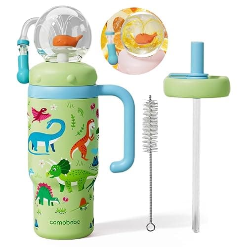 Como bebe Insulated Whale Fountain Sippy Cup, 24 oz 316 food-grade Stainless Leak-Proof Straw,Tumbler with Handle, Fits Car Cup Holders. 2 types lids for Kids, Teens & Adults V3.0 (Green dinosaur) - Image 1