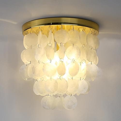 Pathson Modern Shell Ceiling Light Fixture Brass Gold Finish, Hardwired Flush Mount Lighting Includes Bulb, Vintage Capiz Shell Ceiling Chandelier Lamp for Hallway Entryway Living Room Bedroom thumbnail 10