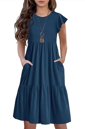 HOSIKA Girls Summer Ruffle Short Sleeve Crew Neck Loose Casual Flowy Tiered Short Dress with Pockets for 6-12 Y - Image 1