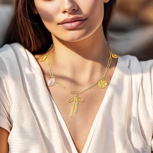 Emibele Gold Necklace for Women, Shell Necklace with Starfish, Seashell Pendants, 18K Gold Plated Stainless Steel No Tarnish Chunky Necklaces for Summer Beach, Pool Party, Vacations thumbnail 4