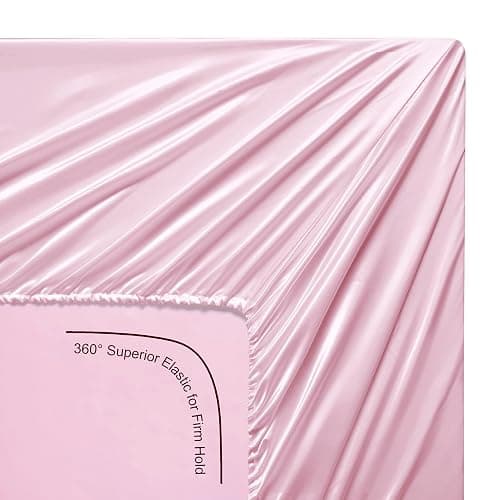 Silk like Satin Sheets, Full Size Bed Sheet Set, Pink, 4 Piece | Deep Pocket, Soft Cooling Feel, 360-Degree Elastic & 4 Corner Straps, Skin & Hair Friendly, Hypoallergenic thumbnail 7