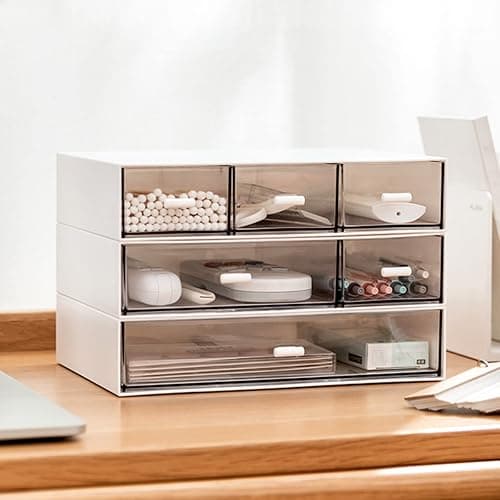 Desk Organizer-3 Tier Stackable Storage Drawers with 6 Compartments White Compact Desk Storage Drawers Great for Makeup Storage Bathroom Organization Accessories Etc (White) - Image 1