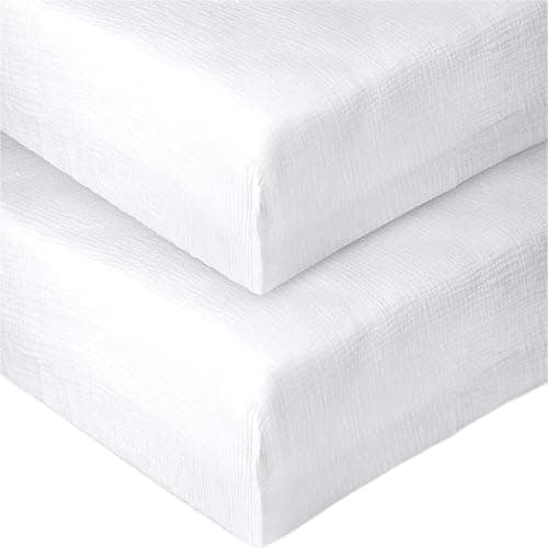 PET REJOIR 2 Pack Muslin Fitted Crib Sheets for Baby Girls & Boys-Neutral Breathable Crib Mattress Protector for Standard Crib Mattress (28"x 52") -White Crib Sheets No Slip Toddler Cotton Bedding thumbnail 6