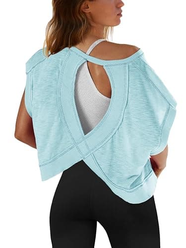 SENSERISE Womens Open Back Workout Tops Backless Short Sleeve Athletic Shirt Running Crop Top Gym Yoga Tee - Image 1